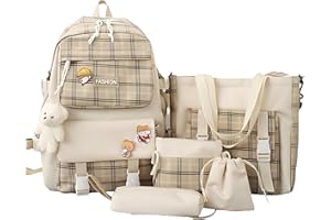 Cnwinu Girls Backpack Set,Girls School Bag,Single Layer Canvas Cute Backpack,Tote Bag,Pen Bag,Crossbody Bag,Kids Kawaii Backpack,Casual Daily Back Pack(Khaki)