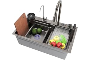 SIRHONA Évier de Cuisine avec Cascade, Évier Multifonction 1 Bac en Inox 75x45 cm, Robinet Rétractable, Avec Affichage de la Température, Noir