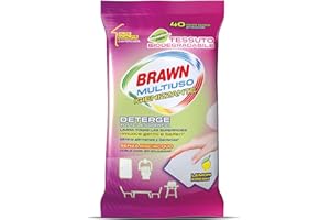 Brawn Multiuso Igienizzante, Detergono Tutte le Superfici e Rimuovono Germi e Batteri, Profumo Lemon con Tessuto BioDegradabile, Doppia Superficie Pulente Senza Risciacquo, Confezione da 40 panni