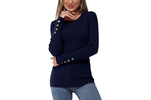 Newshows Women's Jumpers Solid Long Sleeve Knit Crew Neck Button Stretch Casual Pullover Sweater Tops