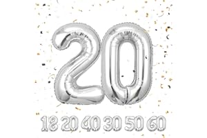 PARTYHAUSY Number Balloons 20,Sliver Balloons 20 for Birhtday Party Decoration,40 Inch Giant Helium Foil Number Balloons for Women Men 20th Birthday Party Decor Anniversary Party Decorations Supplies