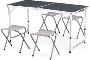 Outtec Table de Camping Pliante avec 4 Chaises de Camping - 120 x 60 cm - Table Pique Nique et Jardin avec Chaise pour 4 Personnes - réglable en Hauteur, Gris