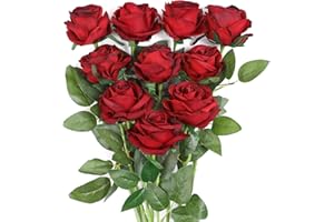 JUSTOYOU Rose Artificial Silk Flowers Bouquet Home Office Arreglos de Boda Vino Tinto (10 PCS)
