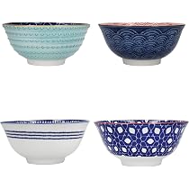 KitchenCraft Lot de 4 bols en grès émaillé avec motif diamant en relief, bols en céramique rouge et bleu avec base à pied, passent au micro-ondes et au lave-vaisselle, 15,7 cm