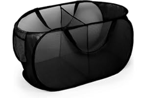 Diggoour Durable Collapsible Laundry Baskets, 2 Compartments Pop Up Laundry Hamper with Handy Pocket, Foldable Clothes Hamper with Reinforced Carry Handles for Laundry, Bathroom, Dorm or Travel Black