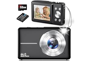 AMDEURDI Aparat cyfrowy, aparat fotograficzny, kompaktowy, cyfrowy aparat fotograficzny FHD 1080p, 44 MP, aparat cyfrowy z 16 x zoomem cyfrowym 2,4" LCD, karta 32 GB dla dzieci, młodzieży, chłopców, dziewcząt,
