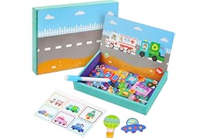 Aolso Puzzle magnetyczne, magnetyczne puzzle dla dzieci, magnetyczna tablica dwustronna, puzzle magnetyczne, interaktywna gra logiczna dla dziewczynki chłopca 3, 4, 5 lat (transport)