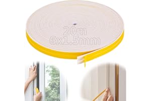 Staranry 6 mm (l) x 1,5 mm (D)/20 m Joint Porte Entree Autocollante, Joint Fenetre Bois, Joint De Porte d'Entrée pour Portes, Joint Fenêtre Isolation Du Bruit, Joint De Fenêtre Joint en Mousse（Blanc)