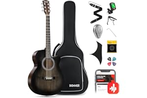 Donner Gitarre Akustik Anfänger Erwachsene Einsteiger Akustikgitarre 4/4 Mini Jumbo Cutaway Gitarren mit Tonabnehmer 6 Stahlsaiten Tasche Capo Plektren Gurt (Schwarz)