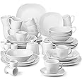 MALACASA Plates and Bowls Set, 50 Piece Porcelain Dinner Sets with 6 Piece Dinner Plates/Soup Bowls/Cereal Bowls/Cups and Saucers/Mugs/Egg Cups/Flat Dishes, Ivory White