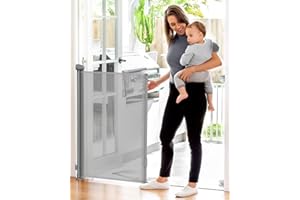 Omesiry Barrière de Sécurité Rétractable (0 à 180 cm), Barriere Escalier 89cm de Haut, Barriere Protection Escalier, Barriere Chien Opération à Une Main, Barriere de Securite Enfant et Chien - Gris