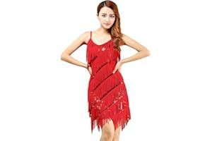 BellyQueen Women's Ballroom Cocktail Dress V-neck Sequins Tassel Party Dress Latin Fringe Dance Costume Sexy V-neck, Onesize Red