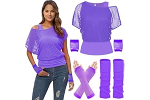 WILDPARTY 80s Fancy Fishnet Top for Women, Tank Top, Leg Warmers, Gloves, 1980s Costumes Neon Off Shoulder Mesh T-Shirt Accessories Retro Theme Party Cosplay