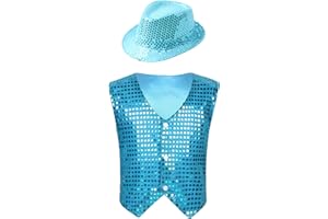 RUNQHUI Enfant Garçon Gilet Paillette avec Chapeau à Paillette Costume Disco Jazz Spectacle Carnaval Fête 3-15 Ans