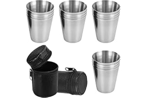 CHJIEJIE Taftl 12 bicchieri in acciaio inox, piccoli bicchieri in acciaio inox, portatili, impilabili, in acciaio inox, con 3 custodie in pelle con chiusura lampo, per campeggio, picnic, escursioni