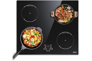 ‎HOBSIR Induktionskochfeld 60 cm 4 Zonen Einbau kochfeld induktion, Induktionskochfeld Autark, 9 Leistungsstufen Touch-Bedienung 6400W, Fester Draht, kein Stecker enthalten