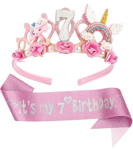 Amosking Décorations De 7e Anniversaire Pour Filles, Y Compris écharpe Et Diadème De 7e Anniversaire, Décoration De Gâteau Et Bougie, Cadeaux Pour