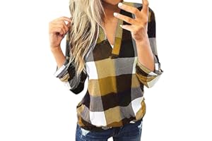 TIMEMEAN Tops Femme Chemise à Col en V à Carreaux Hauts Henley Décontractés à Manches Longues Retroussées Chemisiers De Travail Coupe Slim