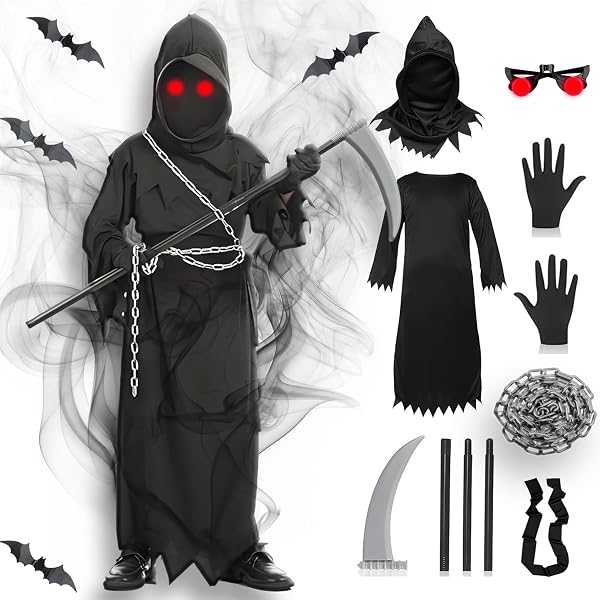 Costume Da Mietitore Per Bambini 8 Pezzi, Set Halloween Morte Con Tunica, Falce, Occhiali Luminosi, Taglia 130-140 Cm
