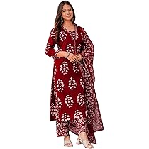 KLOSIA Set Kurta Angarakha Donna Con Pantaloni E Dupatta - Stampato A Blocchi, Viscosa, Nero, Taglie S-XXL