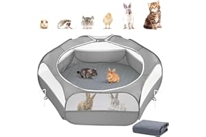 Pawaboo Parc pour Petits Animaux 2-en-1 avec Coussin, Cage pour Petits Animaux Imperméable avec Coussin Réutilisable, Clôture de Cour Extérieure avec 3 Tiges en Métal pour Poussin/Chaton/Chiot, Gris