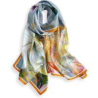 Sciarpa In Seta 100% Naturale Per Donna - Pungo Floreale Avvolgente - Colori Marrone, Blu, Giallo (Modello ZT364)