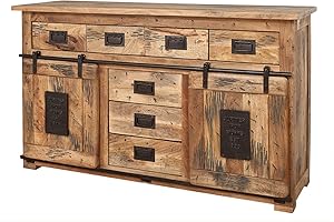 ‎MASSIVMOEBEL24.DE Massivmoebel24.de | Railway massives Sideboard - Natur lackiert | Mangoholz | 2 Türen - 7 Schubladen | 150x45x90 | Used-Look | Kommode Tv-Sideboard Wohnzimmer-Schrank