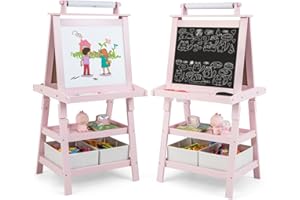 ‎COSTWAY COSTWAY 3 in 1 Kinder Staffelei, Kindertafel doppelseitig, Whiteboard & Kreidetafel & Zeichenpapier, Standtafel inkl. Magneten, 2 Regalebenen Holztafel mit 2 Aufbewahrungsboxen (Rosa)