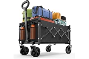 SURFOU Festival Trolley Cart, 120L Foldable Wagon with 360° All-Terrain Wheels & Drink Holders, 360lbs Capacity Heavy Lightweight Cart for Outdoor, Grocery Shopping, Camping, Adjustable Handle, Black