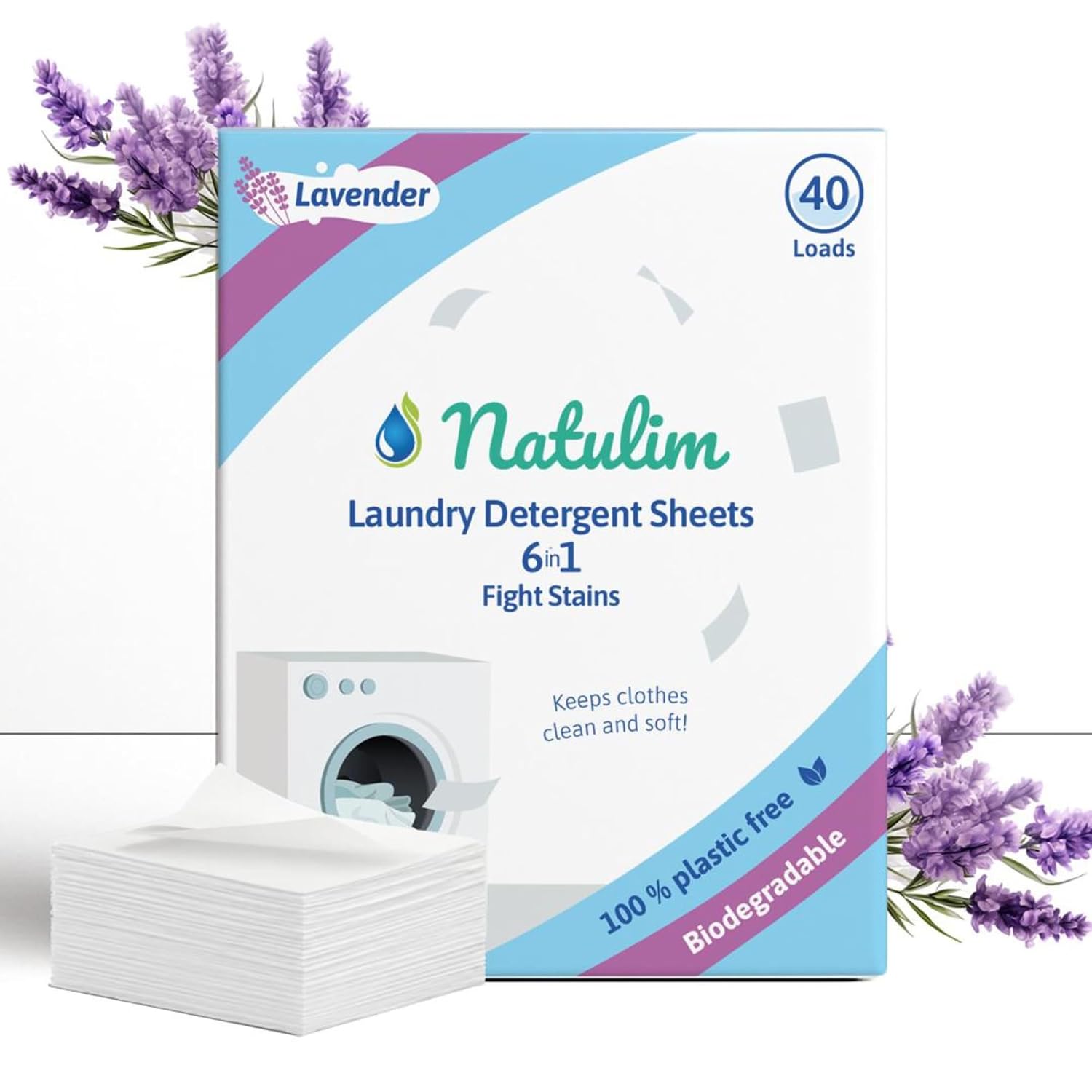 Natulim - Detergente En Tiras Para Lavadora (40 Lavados) - Incluye Suavizante, Ecológico, Hipoalergénico, Made In Spain - Ropa Limpia y Suave sin ensuciar el Planeta (Fragancia Lavanda)