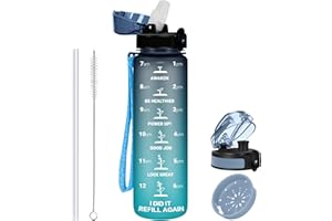 GOPPUS 1L/32oz Borraccia con Cannuccia Borraccia Motivazionale Tenuta Stagna con Marcature del Tempo Borraccia Sportiva in Tritan per Palestra Scuola Borraccia per Adulti Senza BPA con 2 Coperchi