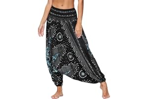 Nuofengkudu Damskie spodnie haremki hippisowskie workowate boho wzorzysty wysoka talia z talią niski krocz salon szerokie spodnie na jogę lato plaża