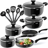 Tectake&reg; Aluminium Cookware Set, 15 Pieces, Non-Stick | 4 Pots and 2 Nonstick Frying Pans, Glass Lid, Heat Resistant Handles,