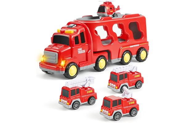 Weinsamkeit Jouets Camion de Transport, Camion de Pompier 5 en 1 avec Son et Lumière Jouet Enfant Friction Power Jouet Voiture Cadeau Anniversaire Véhicules pour Garçons Fille 1 2 3 4 5 6 Ans