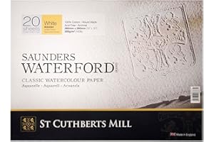 SAUNDERS WATER FORD SERIES Saunders Waterford Series, Bloc Encolado 4 Lados, 26x36cm, Grano Grueso, 300g, 20 Hojas, 100% Algodón Papel de Acuarela, Blanco