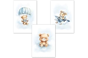 LAVEMA Bilder Kinderzimmer Junge - Poster DIN A4 ohne Rahmen - Babyzimmer Deko Blau - Wandbilder - Wanddeko Jungen Bär