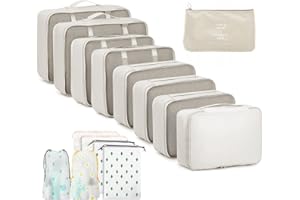 GIBOHOM Set Organizer Valigia 15 Pezzi, Packing Cubes Salvaspazio per Vacanze e Viaggi, Divisori con Tasche Trasparenti, Beige