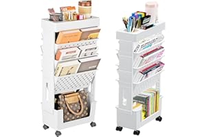 Erwoullt Mobile Bookshelf On Wheels, 5 Tier Book Rack Storage Bookshelf, Movable Unique Bookcase Small Rolling Bookshelf, Mobile Book Cart Organizer Bookshelves for Office, Dorm, Classroom
