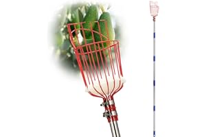 HARRMS 2,4 m recogedor de manzanas, recogedor de frutas con mango telescópico, recogedor de cerezas con estaca telescópica de acero inoxidable y cesta, ayuda para recoger frutas fácil de montar
