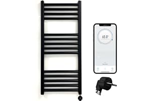 Greened House Electric WiFi Heated Towel Rail Black 500mm W x 800mm H Smart Flat 7 Day Programmable Timer App Compatibility (