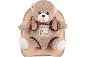 PERLETTI Sac à Dos Peluche pour Enfant 3 4 5 Ans - Mini Cartable Mignon de Voyage et Doudou Animal pour École Maternelle - Petit Jouet Doux et Sacoche pour Petite Fille Garçon Bébé - 21x27x9 cm