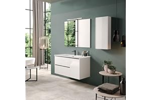 B BAÑO TOTAL Mueble de Baño Suspendido con Lavabo Cerámico Nevi | Mueble Baño Volado de 2 cajones y Puerta Lateral con Cierre Amortiguado y Organizador | Blanco Brillo Tirador Negro | 80cm
