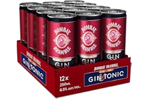 Bombay Bramble Premium Gin & Tonic, lata de 25cl de cóctel listo para tomar, hecho con la Ginebra Bombay Bramble infusionada con mora y frambuesa y tónica, 6,5 % vol., 25 cl / 250 ml