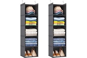 Lifewit 2 Pack Wardrobe Storage Organiser with Metal Hooks, 5 Tier Hanging Storage, Foldable Fabric Shelves Organiser for Clothes, Towels, Shoes, Toys