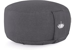 LOTUSCRAFTS® Meditationskissen mit 15cm Sitzhöhe, bestickt, Yoga Kissen mit Dinkelfüllung, Yogakissen Rund, Bodenkissen Rund, Yogakissen Meditationskissen, Yogakissen Bezug waschbar, GOTS zertifiziert