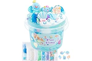Okaybee 10 FL OZ Meerjungfrau Schleim Set, Blaues Klares Slime Kit für Kinder 8-12, Glimmer Crunchy Set Mit 9 Packungen Schleim-Zusätzen, Sensorisches Spielzeug, Geburtstag Hallowmas Geschenk