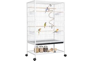 LIFERUN Vogelkäfig groß, Vogelkäfig aus Metall, Vogelbauer mit 4 Rollen, Wellensittich käfig mit Futternapf, Käfigspielzeug, Spring-Schaukel für Vogel mit 2 Türen 4 Holzstangen, 132 x 78 x 52 cm