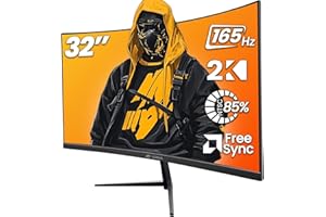 CRUA Ecran PC Gamer, 32 inch Curved Gaming Monitor 2K (2560x1440p) 165Hz 144Hz with AMD FreeSync, Anti-Twinkle, 2X HDMI 1.4, DP 1.2, PC Ecran Incurve1500R Ultra-Thin Frameless