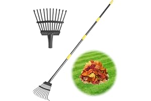 GSBLUNIE Rechen Garten, Laubrechen mit Stiel Metall mit 11 Zinken, 177 cm Einstellbar Gartenrechen mit Metall Stiel für Laub, Hof, Sträucher, Blumenbeete