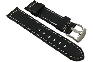 myledershop 22mm Souple Cuir de Veau Bracelet de Montre en Noir avec Boucle en Argent